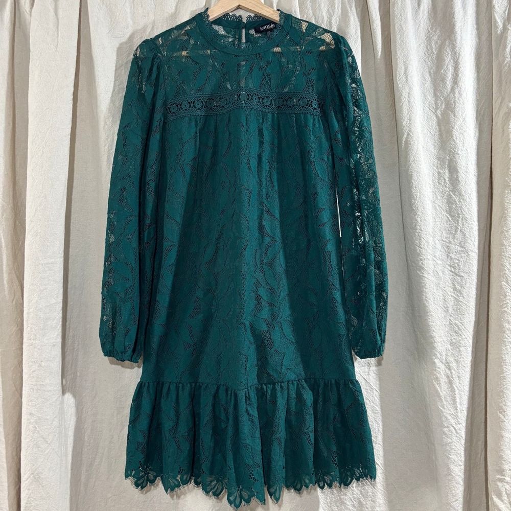 Kensie Green Lace Long Sleeve Ruffle Mini Dress Pine Womens 4 NEW